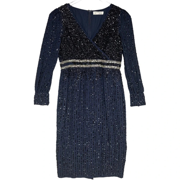 Mac Duggal Sequin Long Sleeve Midi Cocktail Dress in Midnight Blue. Sz: 14 - Picture 6 of 16